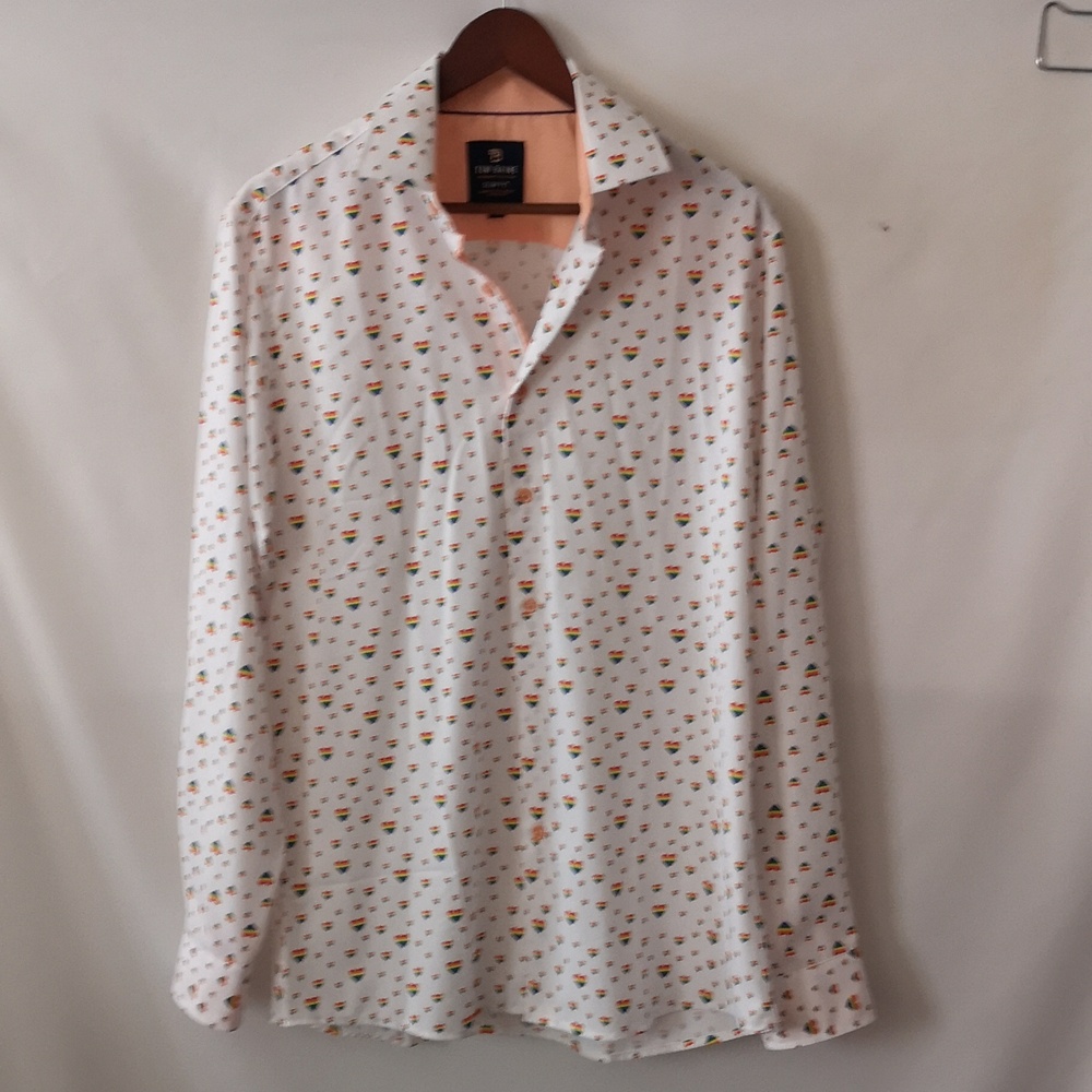 Tom Baine Mens All-over Rainbow Hearts Button Down Slim Fit Medium Neck 15-15.5